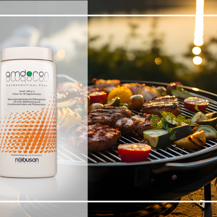 Gesundes Grillen! Gemüse und Steaks auf einem Kugelgrill sowie andere Köstlichkeiten und im Hintergrund die Abenddämmerung im sanften Licht.